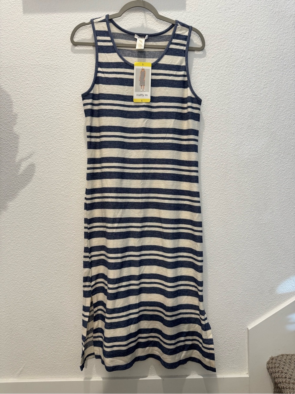 Matty M blue & white striped sleeveless midi dress w/ relaxed scoop neck